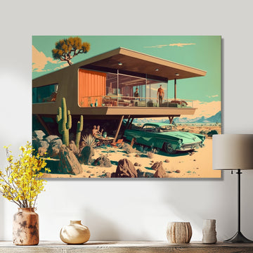 Green Car Mid Century Retro Architecture - Car Exotic Canvas Wall Art